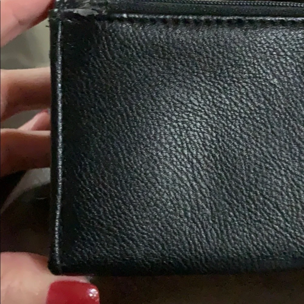 Black faux leather wallet w/fabric on front